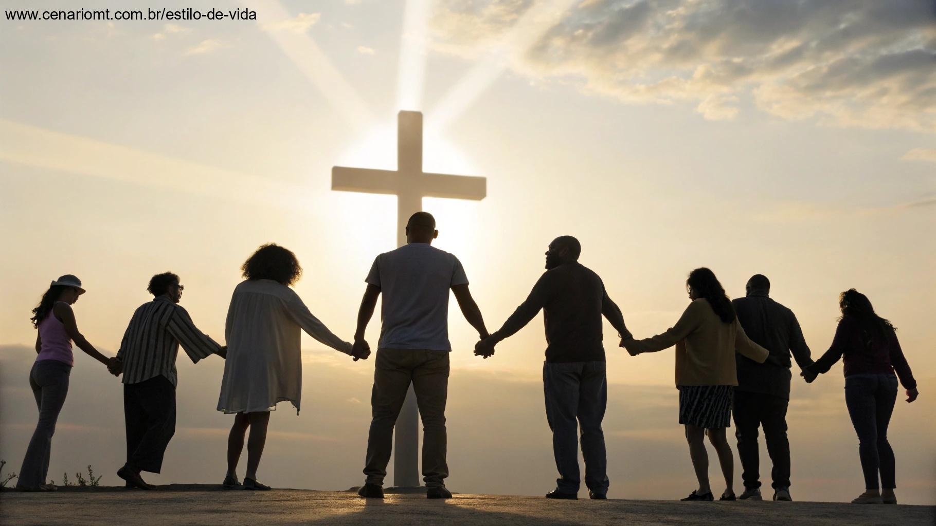 Grupo unido ao redor de uma cruz luminosa, simbolizando unidade na fé