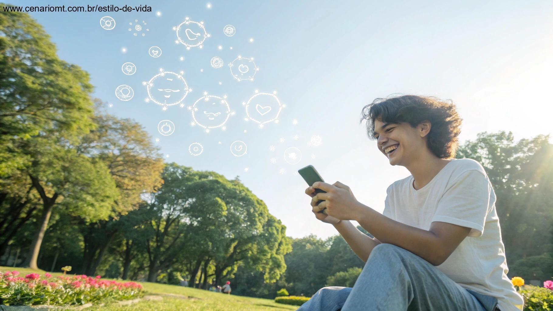 Pessoa sorrindo com celular em um parque ensolarado