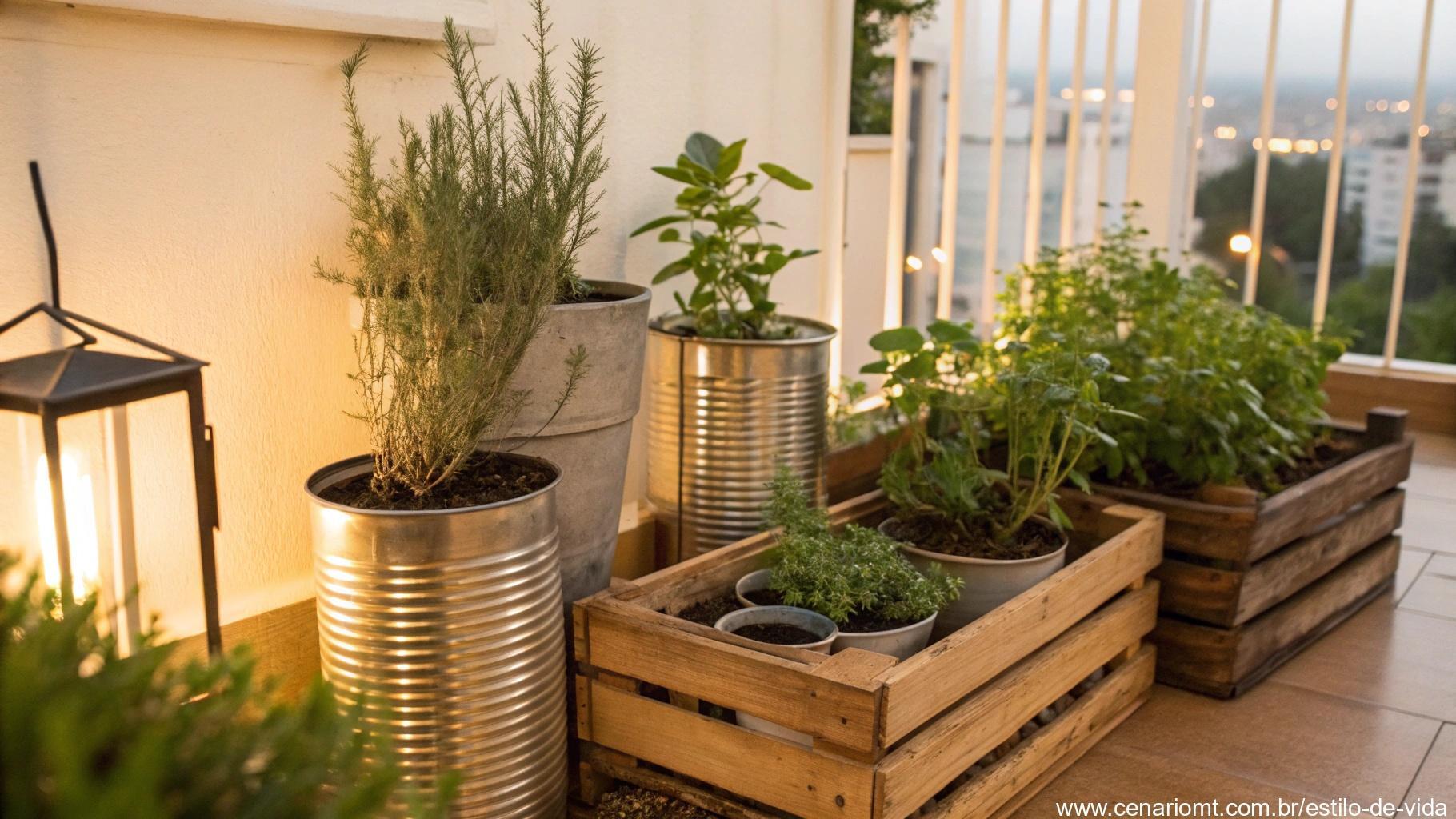 Vasos reutilizados com criatividade para plantar temperos