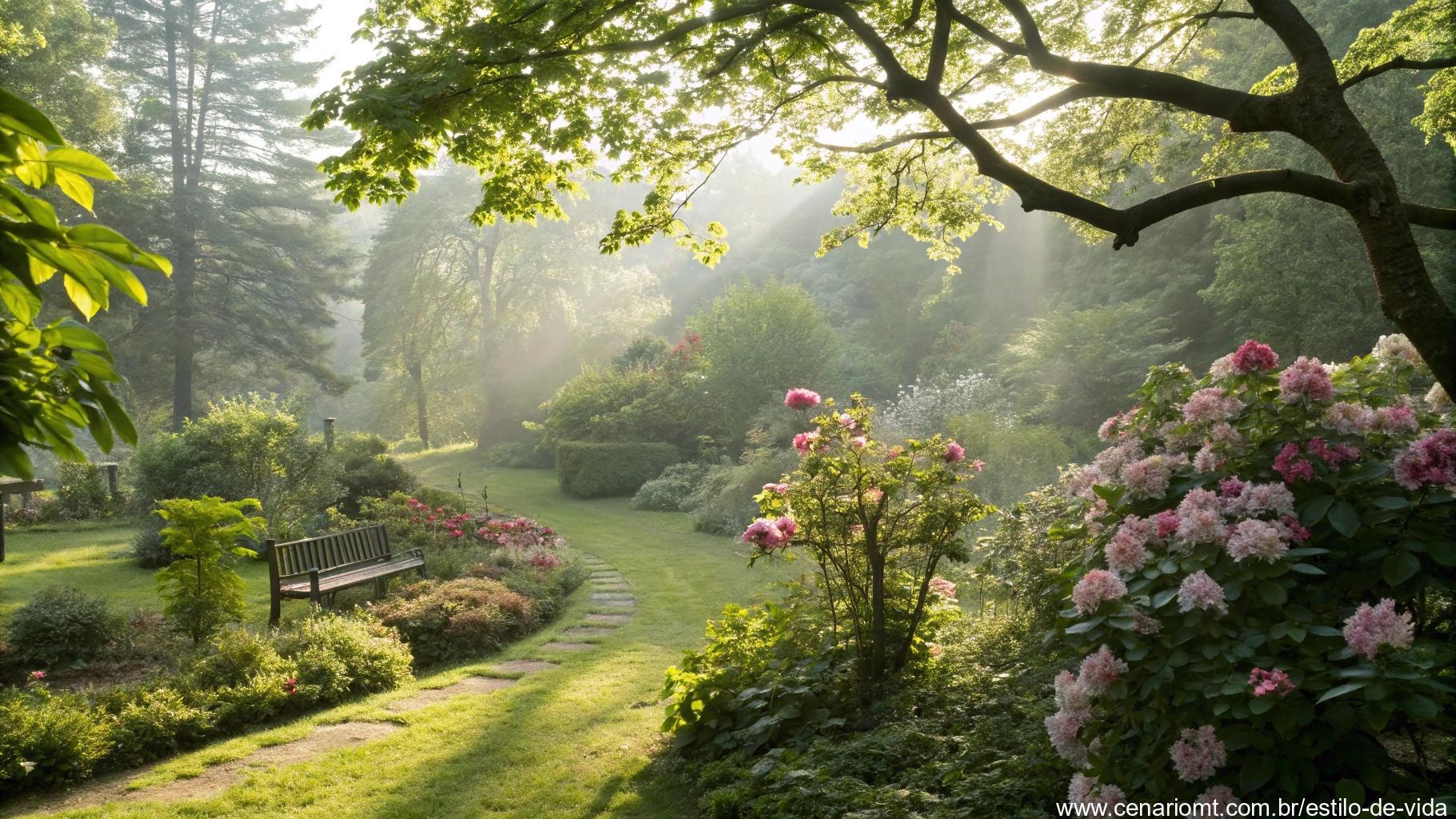 Jardim sereno com luz do sol filtrando pelas folhas, sugerindo valores positivos