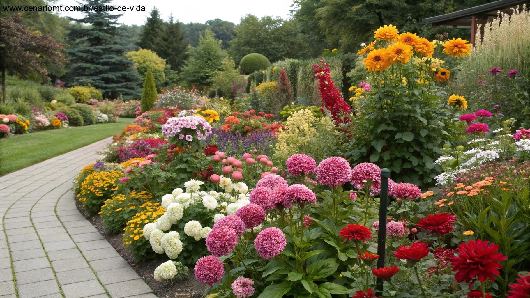 Variedade colorida de flores em diferentes formas e tamanhos dispostas em um belo jardim