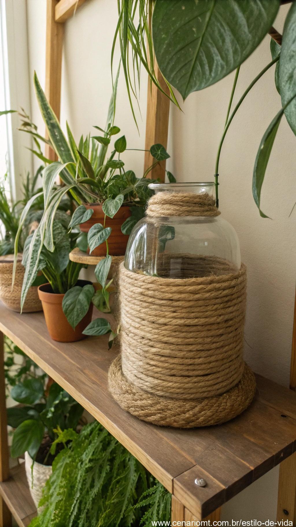 Vaso feito com frasco de vidro e corda de sisal