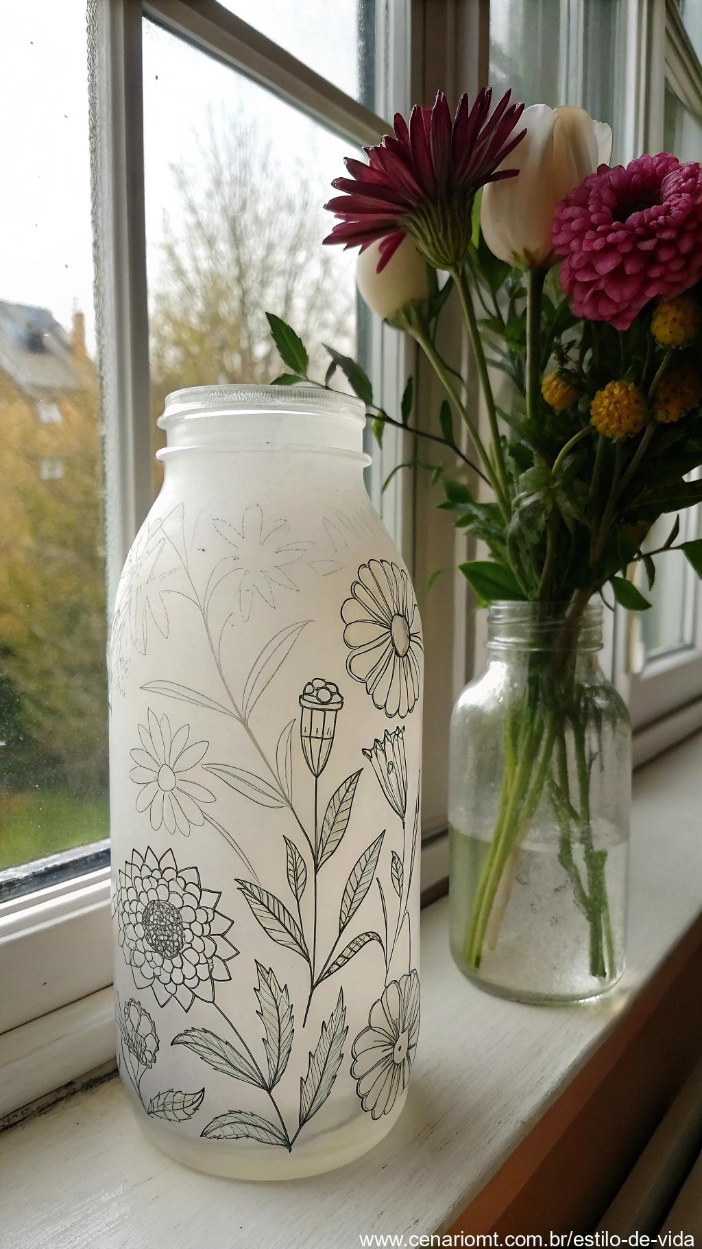 Vaso feito com frasco fosco e desenhos manuais