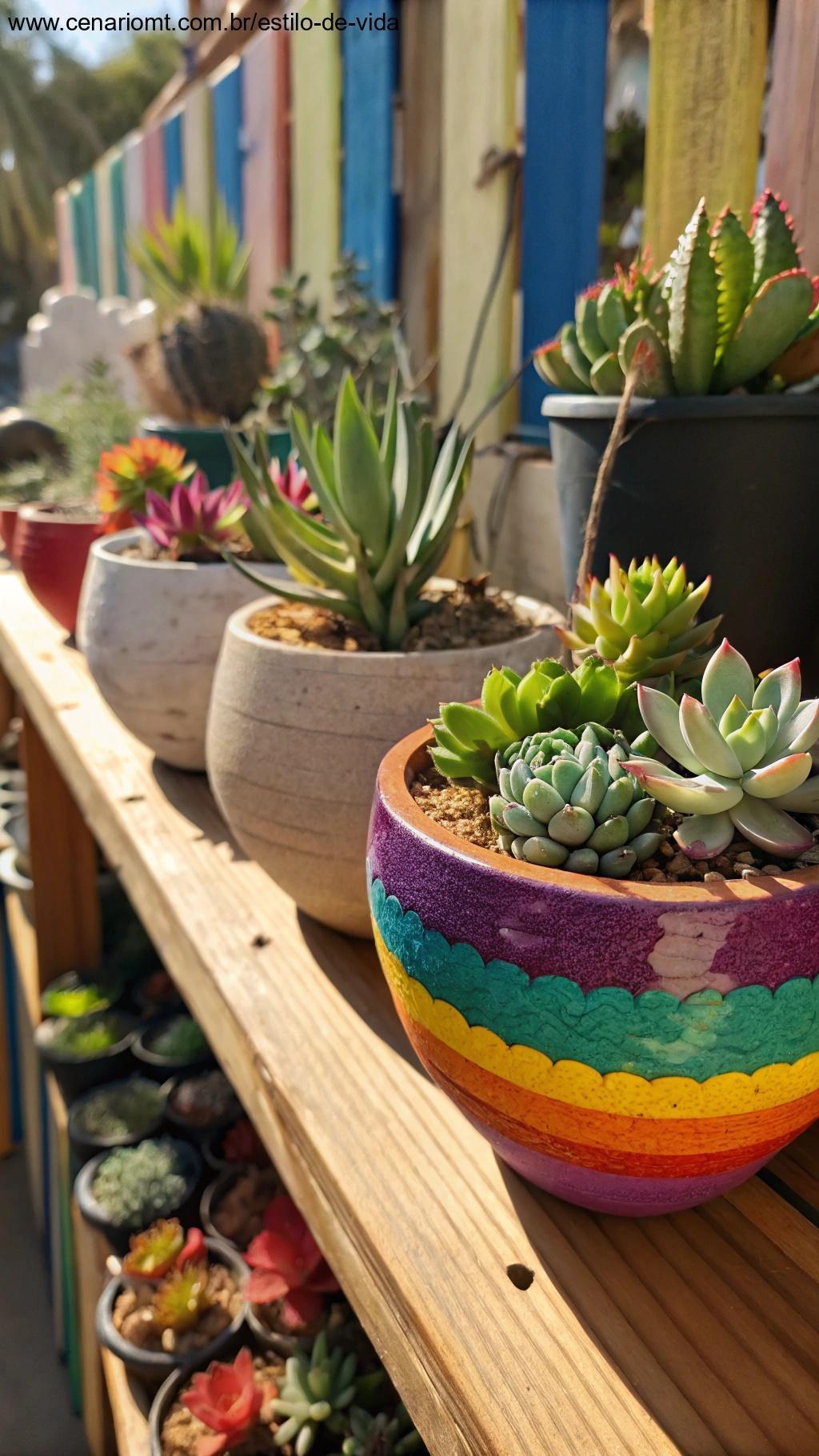 Vasos coloridos decorativos com suculentas em exposição