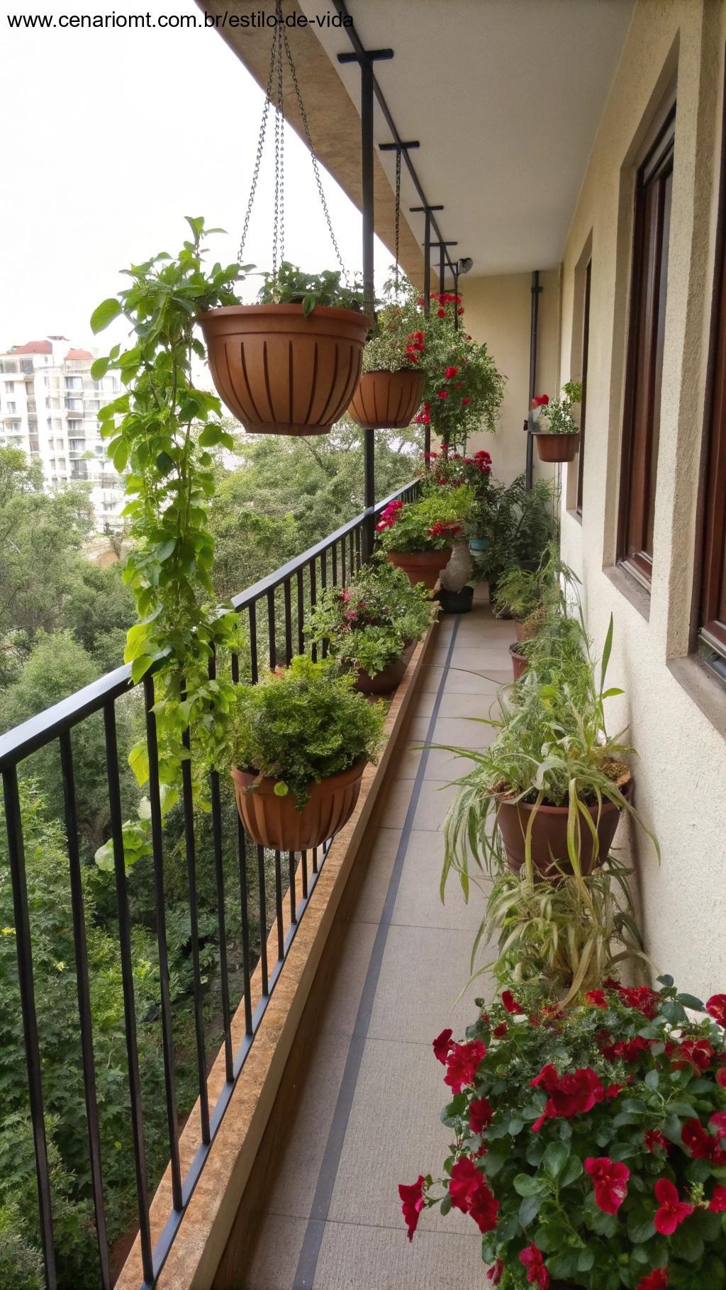 Vasos suspensos em espaço estreito com plantas decorativas
