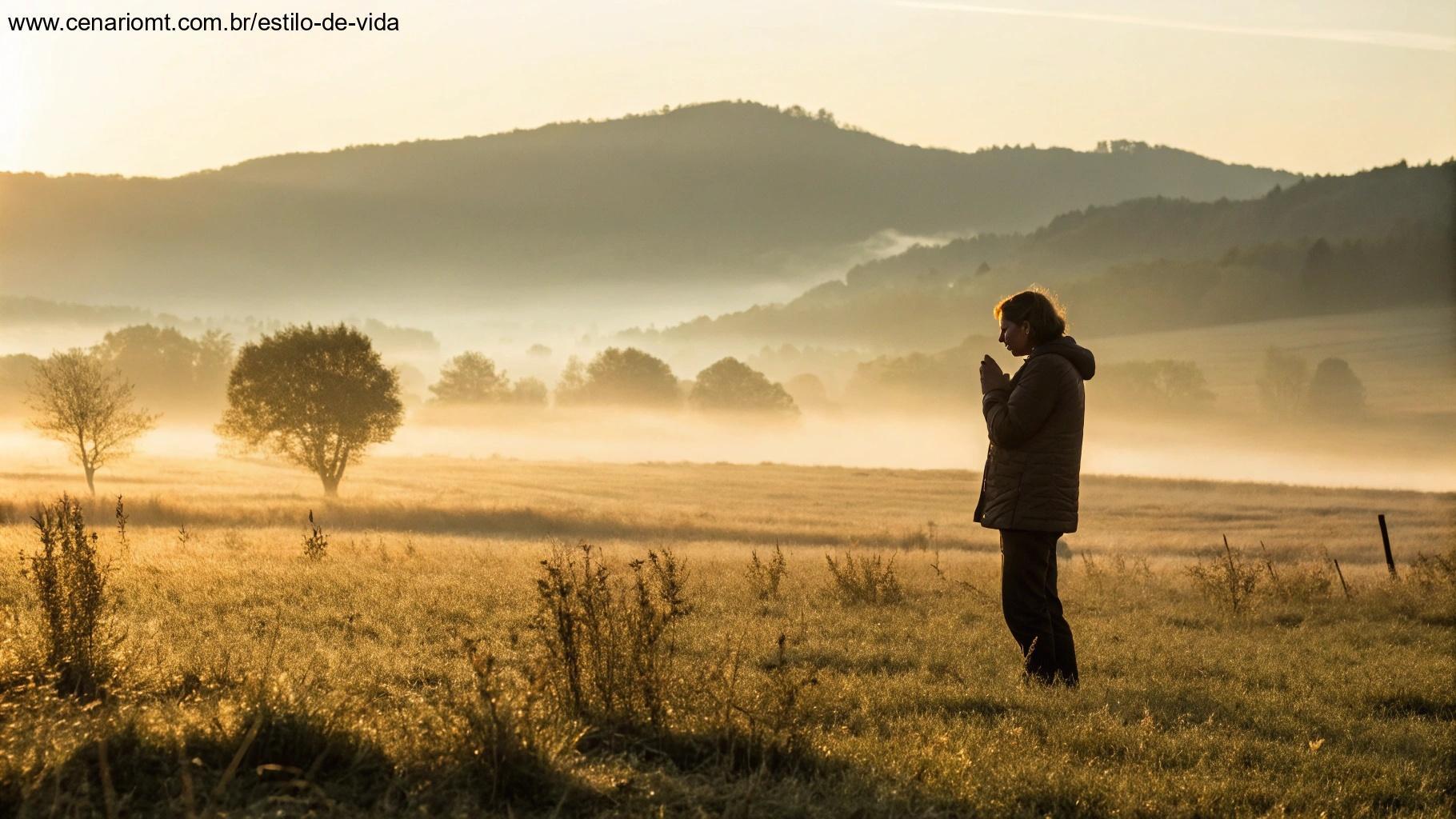 Pessoa orando ao nascer do sol em um campo tranquilo