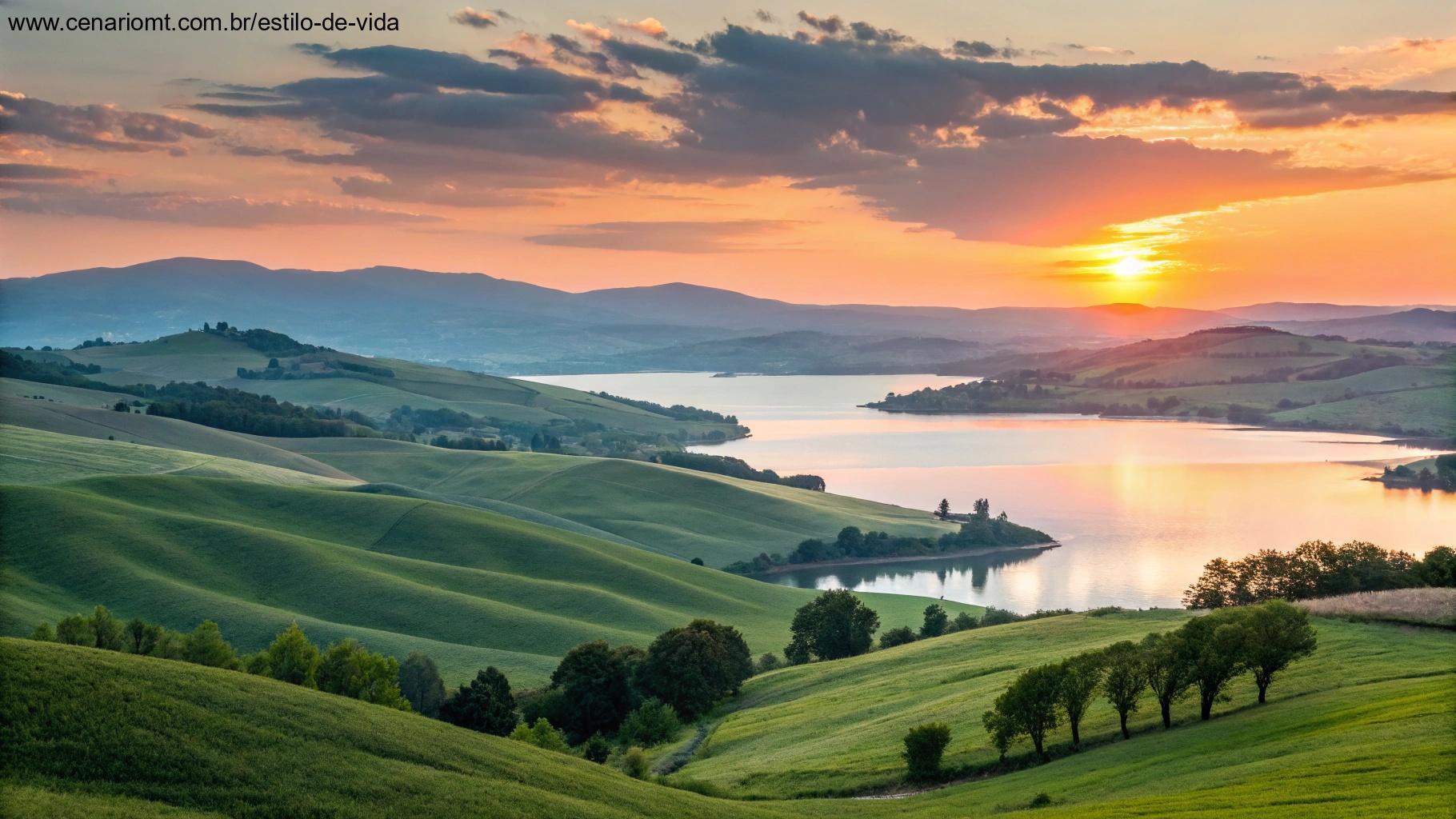 Imagem de uma paisagem tranquila com colinas suaves, um nascer do sol vibrante e águas calmas, simbolizando esperança.