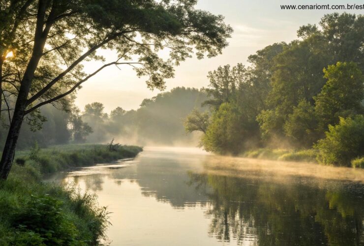 Imagem representando uma manhã tranquila de sábado, com luz suave filtrando pelas árvores e um rio calmo, evocando um sentimento de fé e reflexão.
