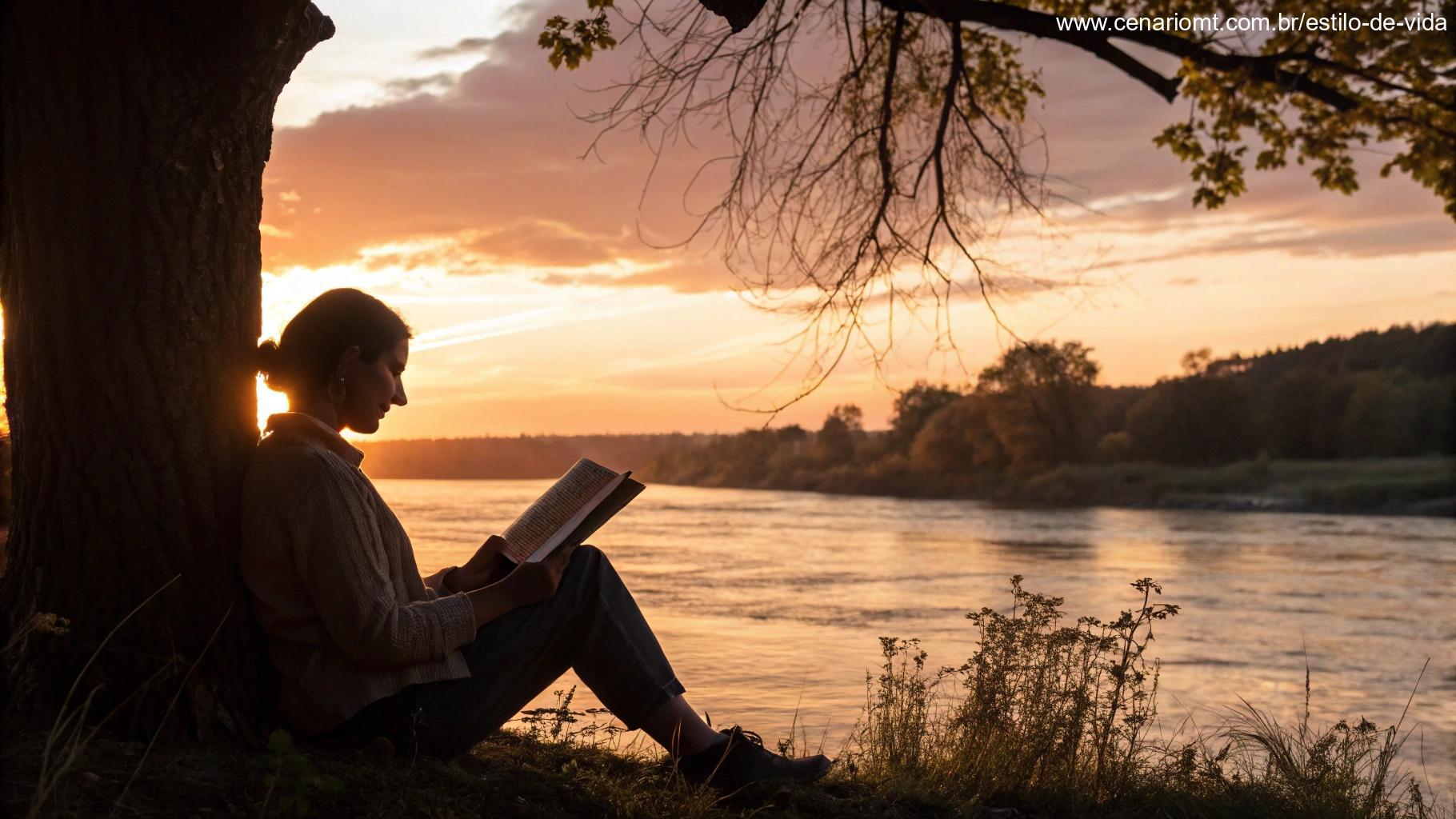 Pessoa lendo a Bíblia ao pôr do sol, sentada sob uma árvore