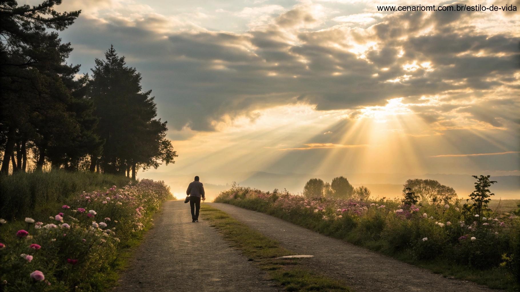 Paisagem natural com luz suave e figura caminhando entre flores simbolizando reflexão espiritual