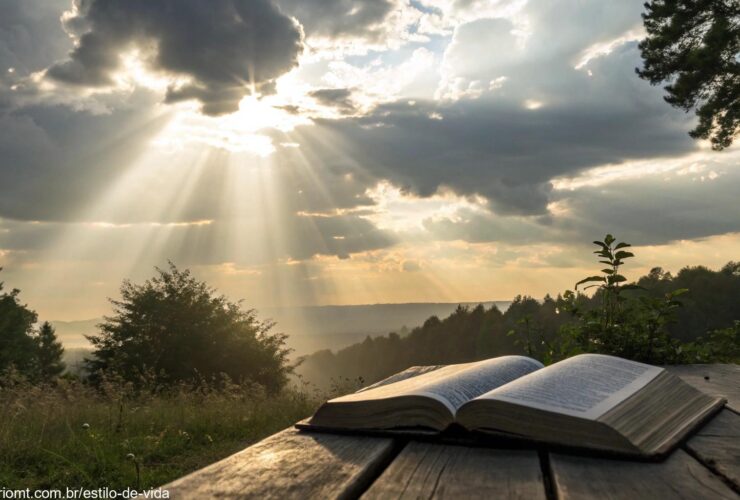 Bíblia aberta sob luz do sol em um cenário natural tranquilo, simbolizando inspiração divina