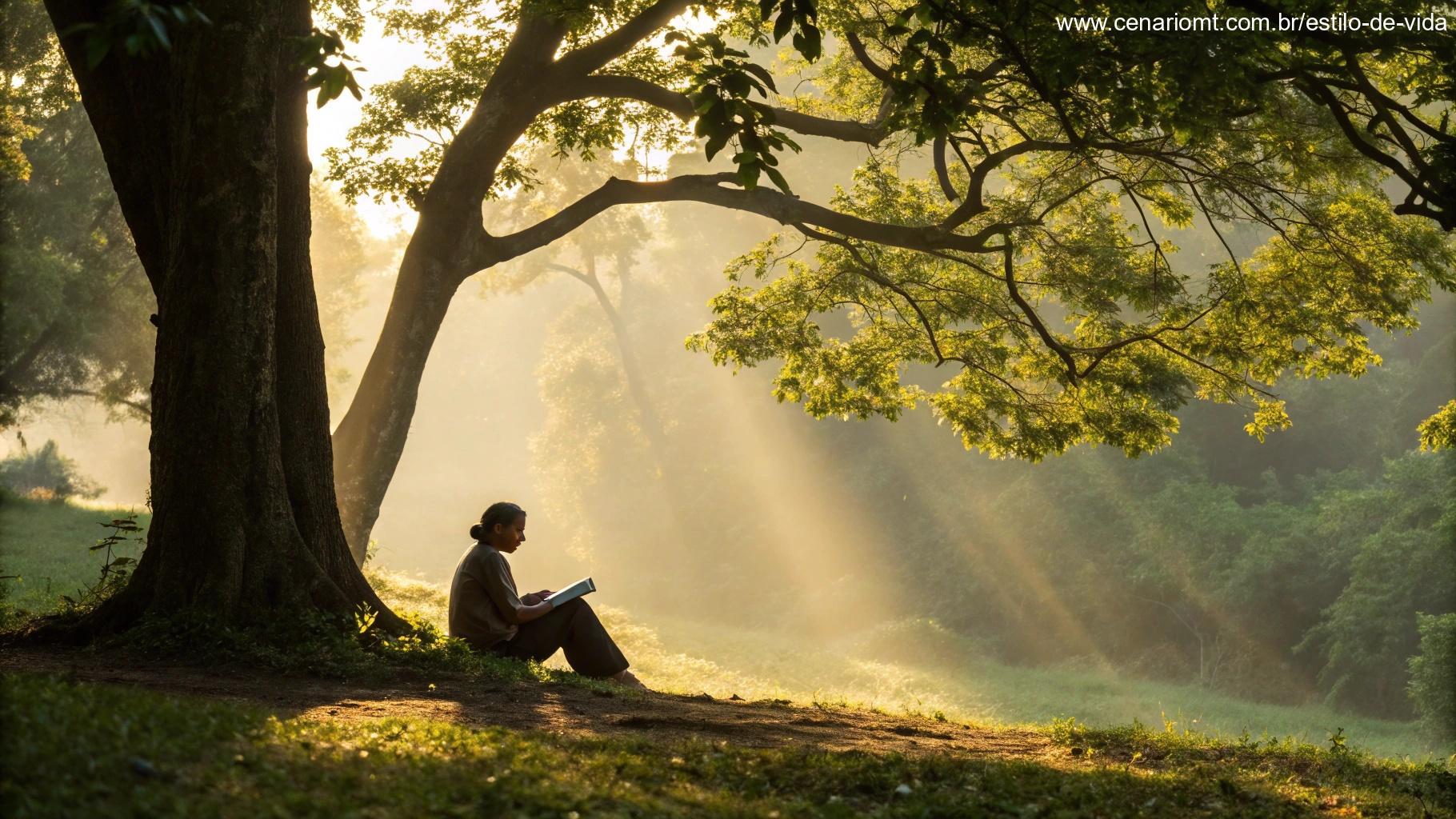 Pessoa lendo a Bíblia sob uma árvore ao amanhecer, atmosfera espiritual