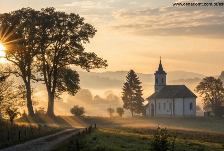 Nascer do sol tranquilo sobre uma pequena igreja no campo, com raios de luz entre as árvores