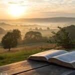 Bíblia aberta ao amanhecer em cenário campestre, ideal para meditação bíblica no sábado