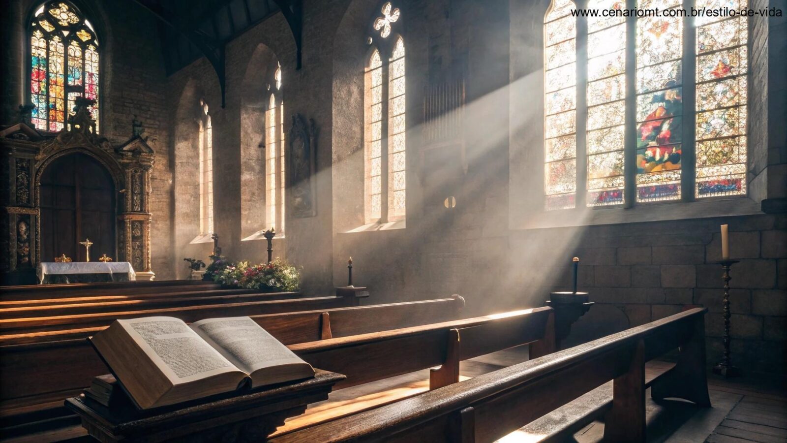 Luz da manhã entrando pela janela de uma igreja antiga com uma bíblia aberta no altar