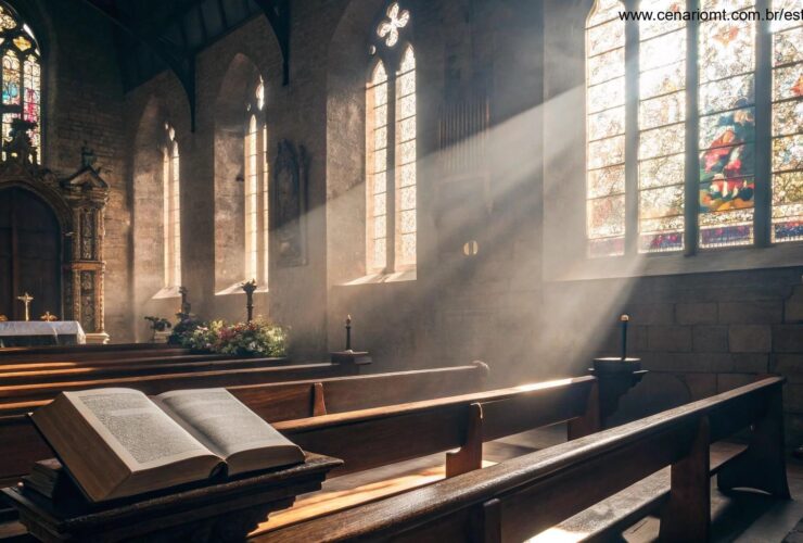 Luz da manhã entrando pela janela de uma igreja antiga com uma bíblia aberta no altar