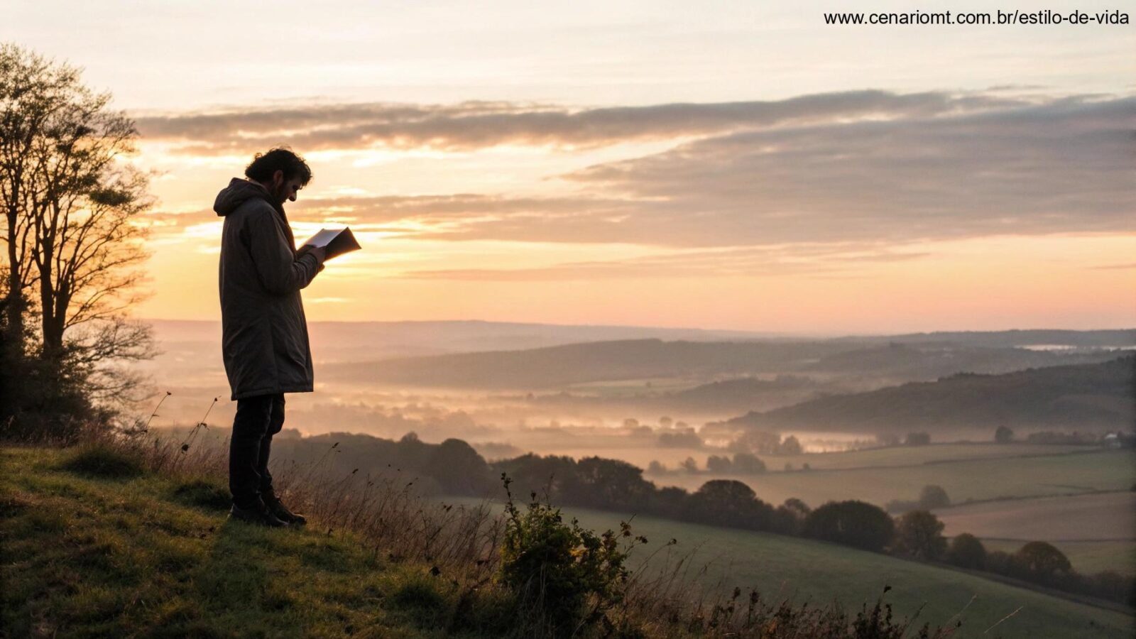 Pessoa em uma colina lendo um livro ao amanhecer simbolizando força na palavra de Deus