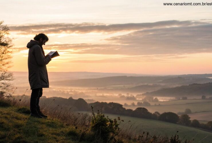Pessoa em uma colina lendo um livro ao amanhecer simbolizando força na palavra de Deus