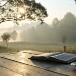 Paisagem matinal serena com luz solar suave filtrando pelas árvores, uma Bíblia aberta em uma mesa de madeira com uma xícara de café