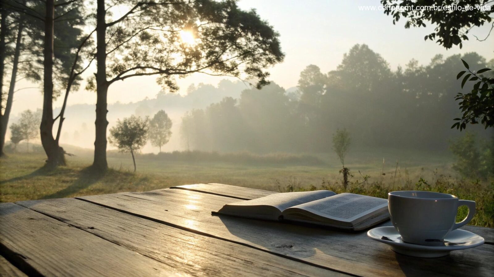 Paisagem matinal serena com luz solar suave filtrando pelas árvores, uma Bíblia aberta em uma mesa de madeira com uma xícara de café