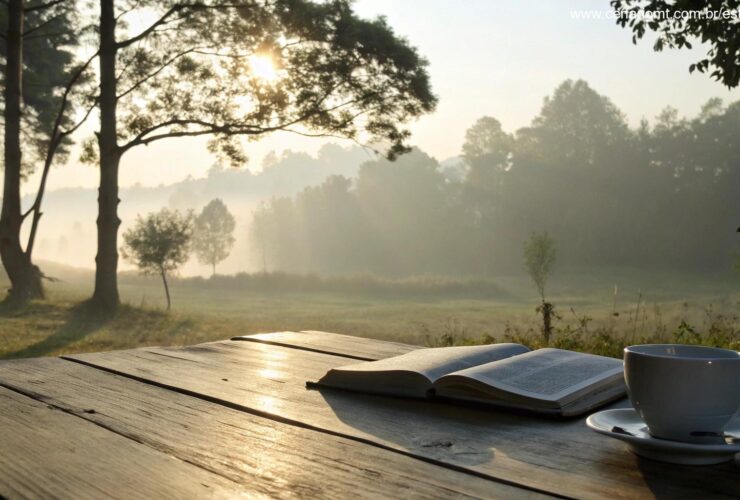 Paisagem matinal serena com luz solar suave filtrando pelas árvores, uma Bíblia aberta em uma mesa de madeira com uma xícara de café