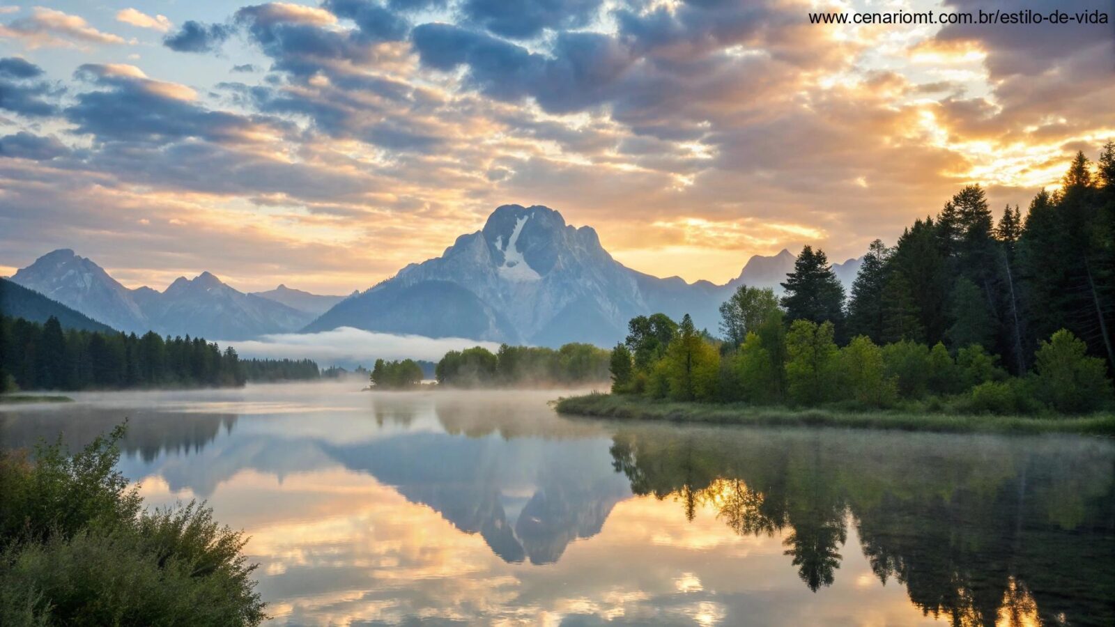 Paisagem serena com amanhecer e lago calmo.