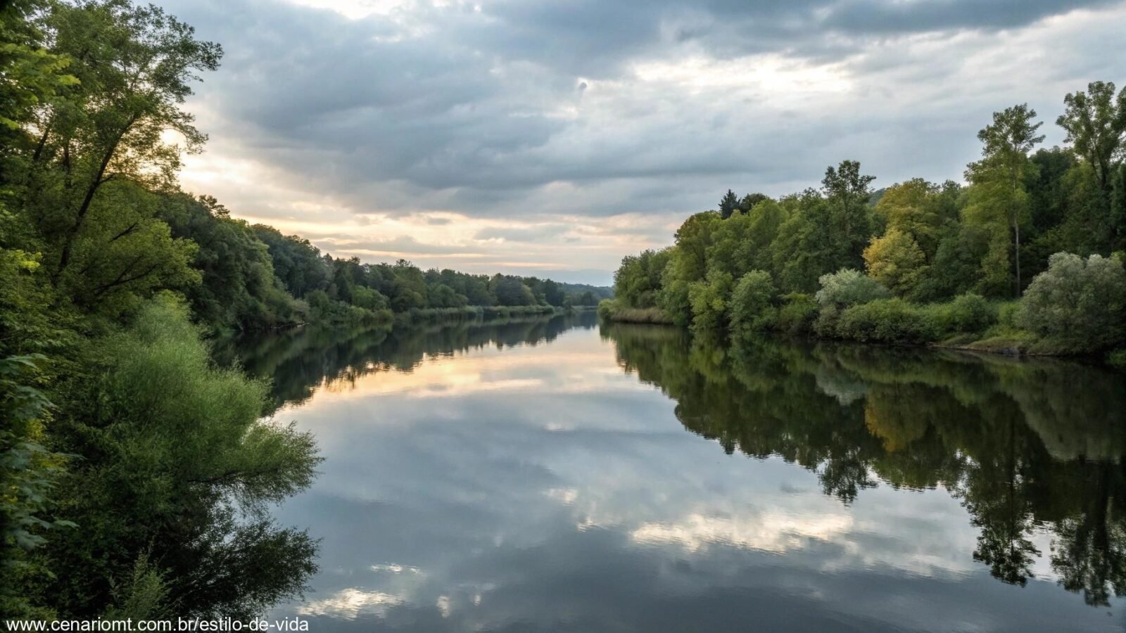 Paisagem serena com um rio calmo, rodeado por árvores e um céu pacífico, simbolizando reflexão e oração.