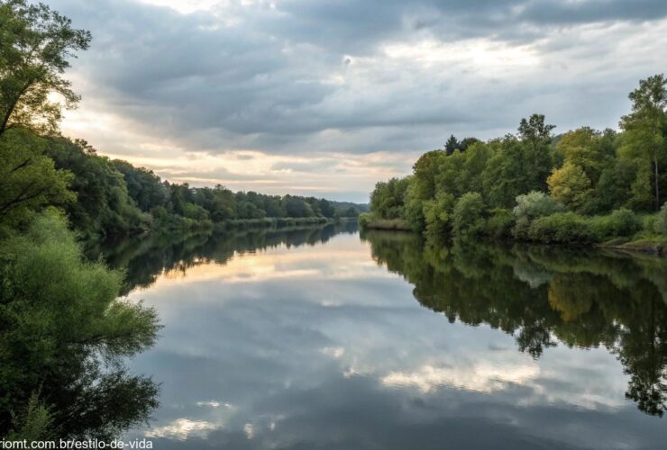 Paisagem serena com um rio calmo, rodeado por árvores e um céu pacífico, simbolizando reflexão e oração.
