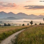 Paisagem serena ao amanhecer com um caminho suave em direção a montanhas distantes