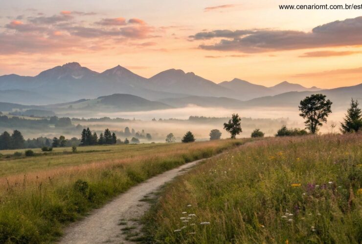 Paisagem serena ao amanhecer com um caminho suave em direção a montanhas distantes