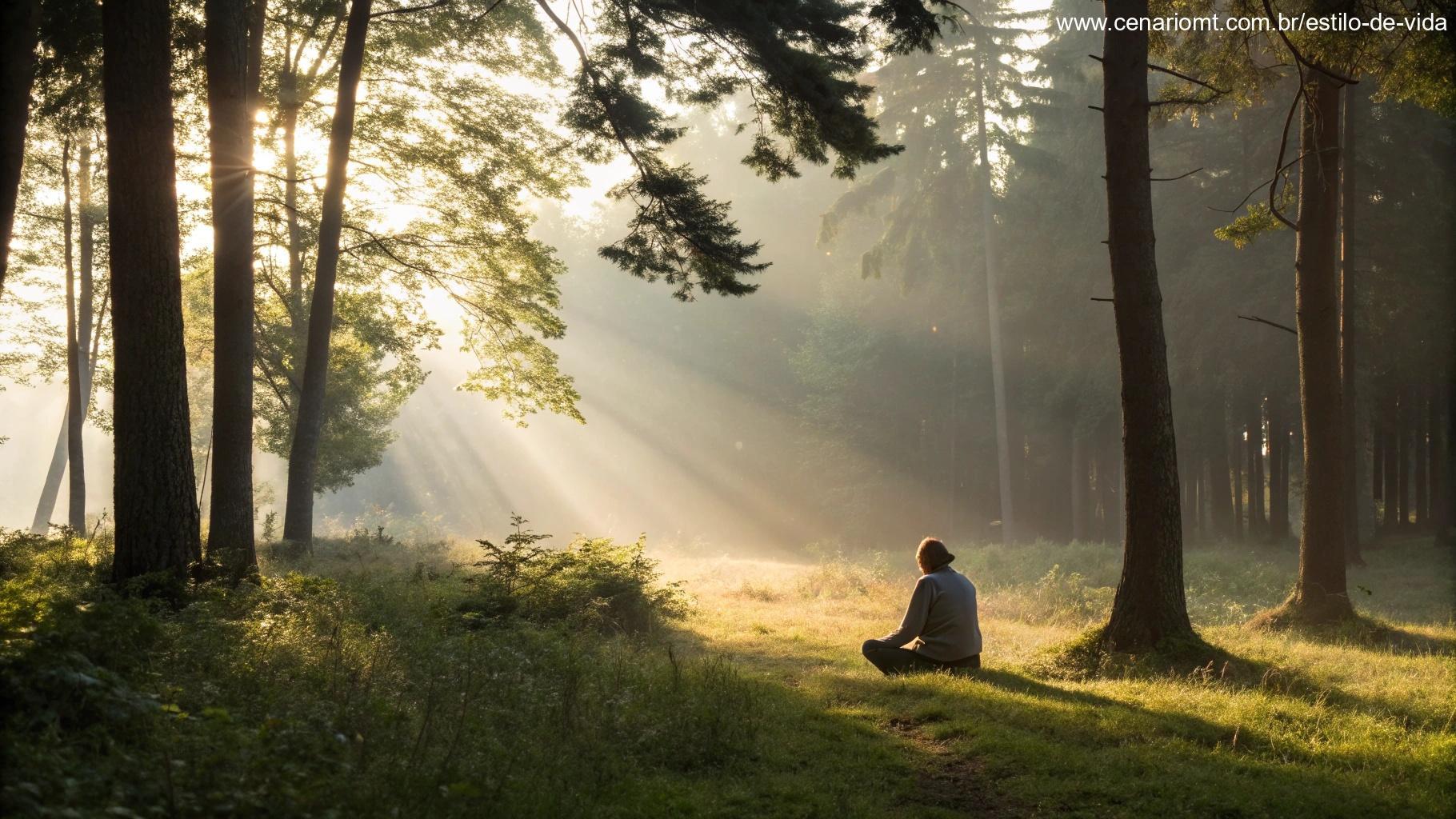 Pessoa meditando em clareira da floresta ao amanhecer