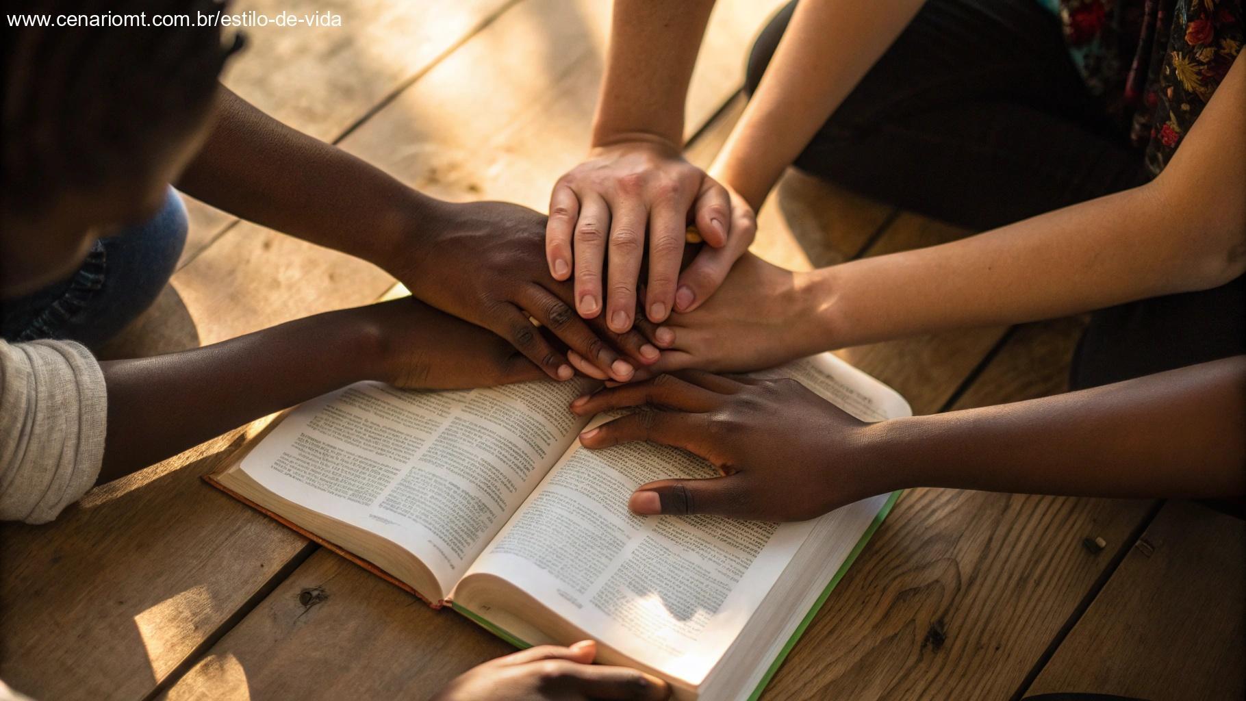 Mãos diversas unidas em círculo sobre um livro aberto com escrita sutil