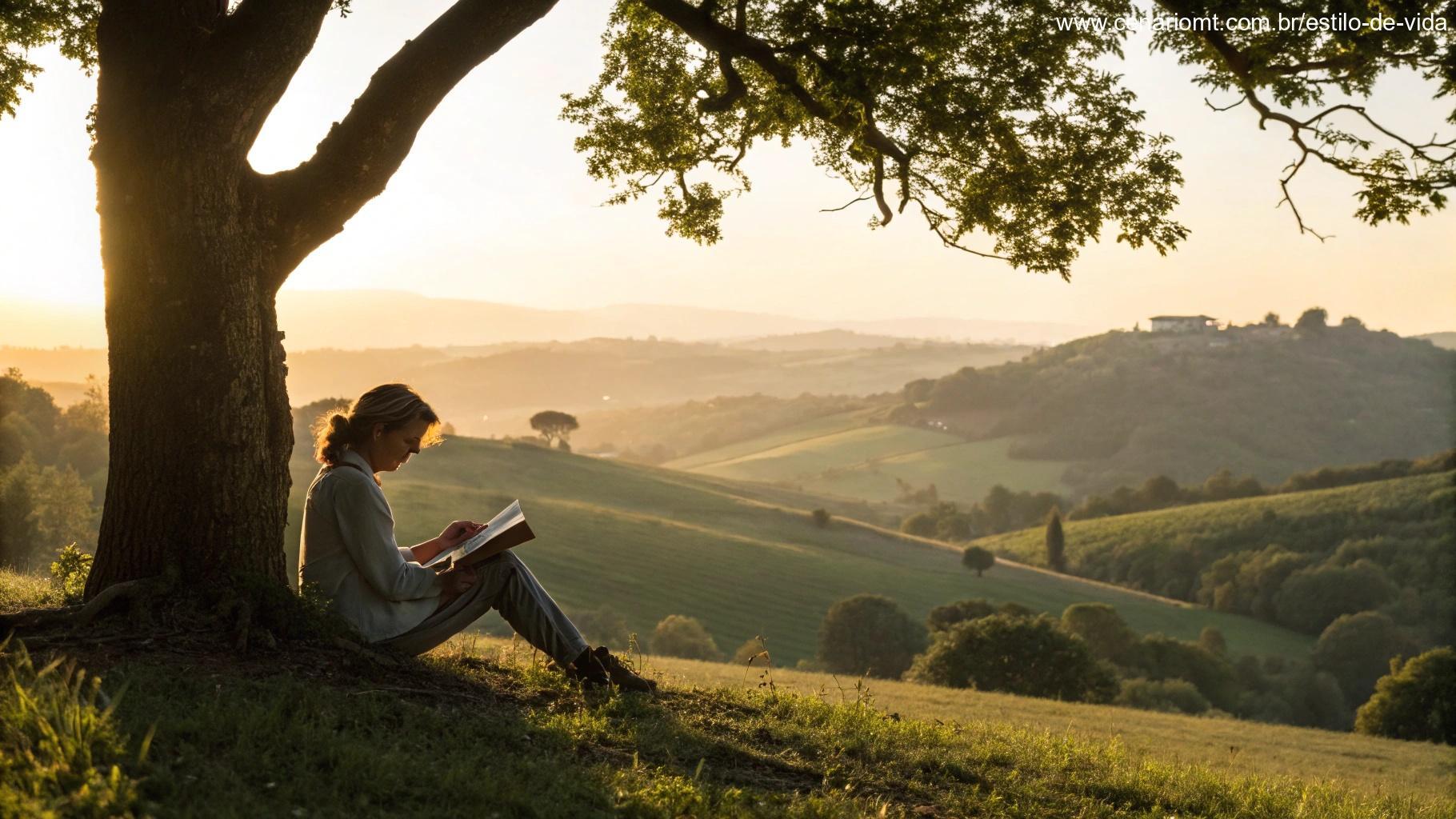 Pessoa lendo um livro sagrado sob uma árvore ao amanhecer no campo