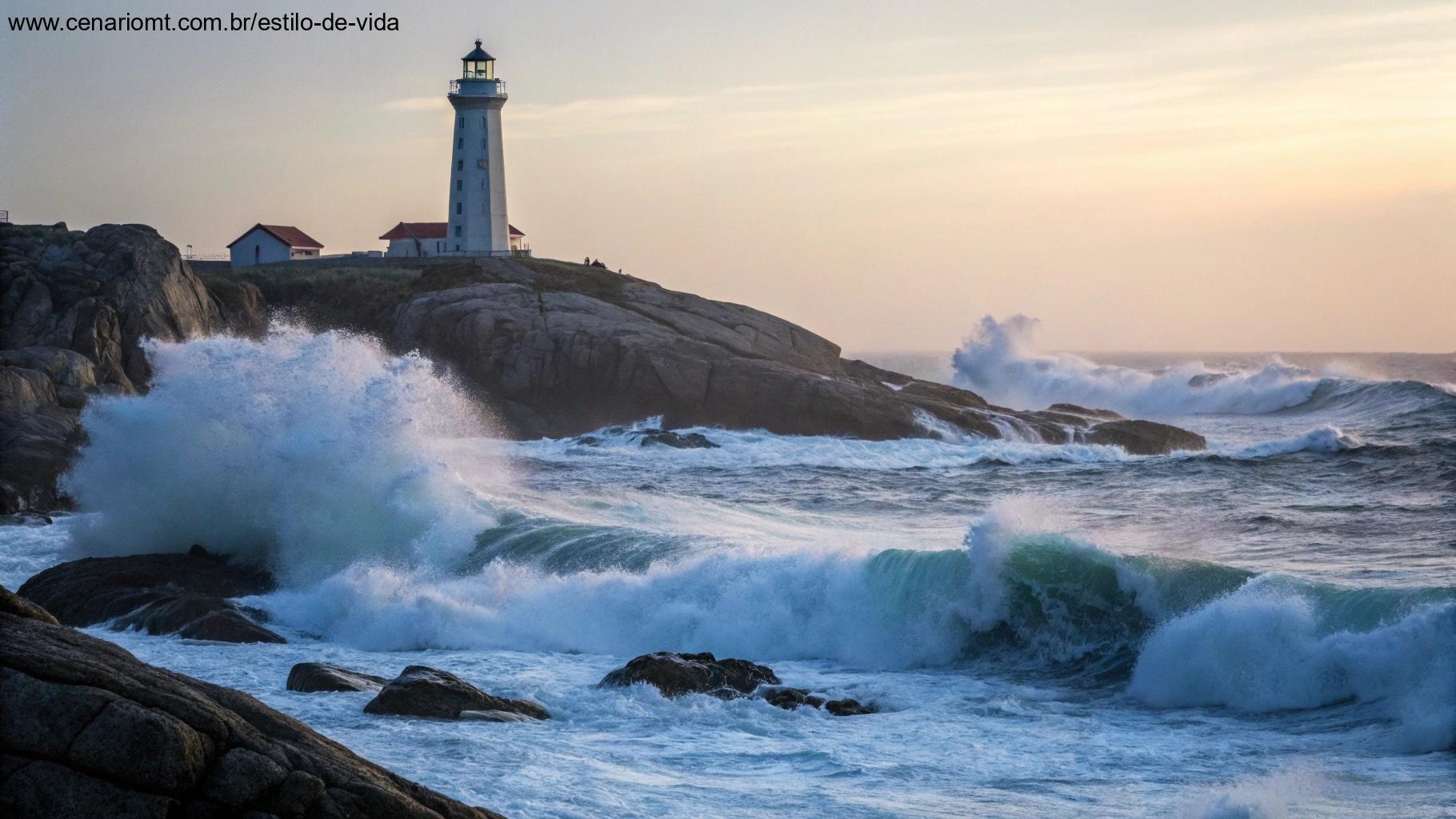 Farol em litoral rochoso ao entardecer com ondas fortes