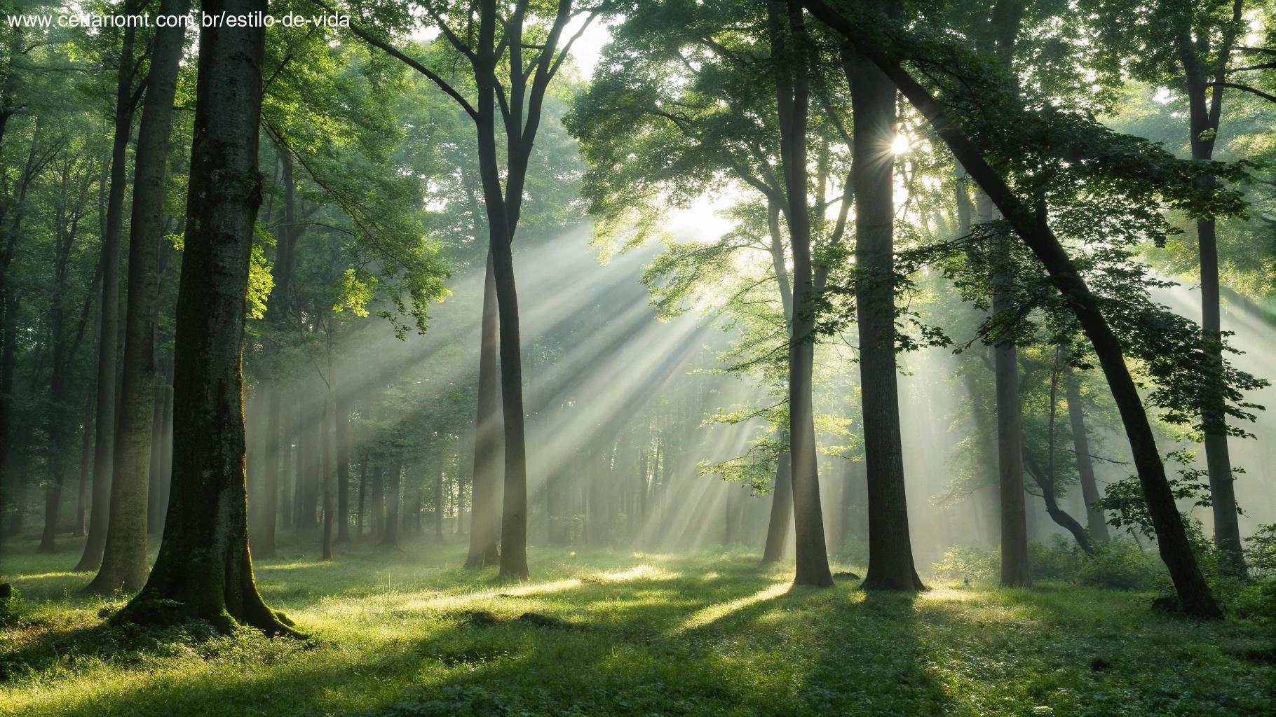 Uma floresta tranquila com raios de sol filtrando pelas árvores, criando uma atmosfera meditativa