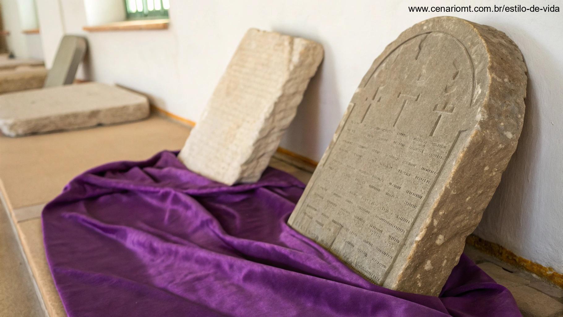 Tábuas de pedra com inscrições hebraicas parcialmente visíveis, sobre tecido roxo com iluminação suave