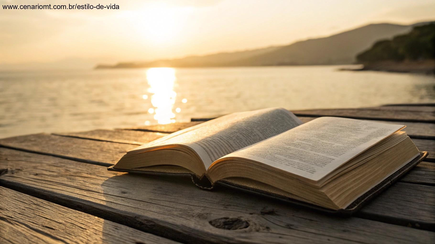 Livro antigo aberto com uma luz dourada suave emanando de suas páginas, em uma mesa de madeira