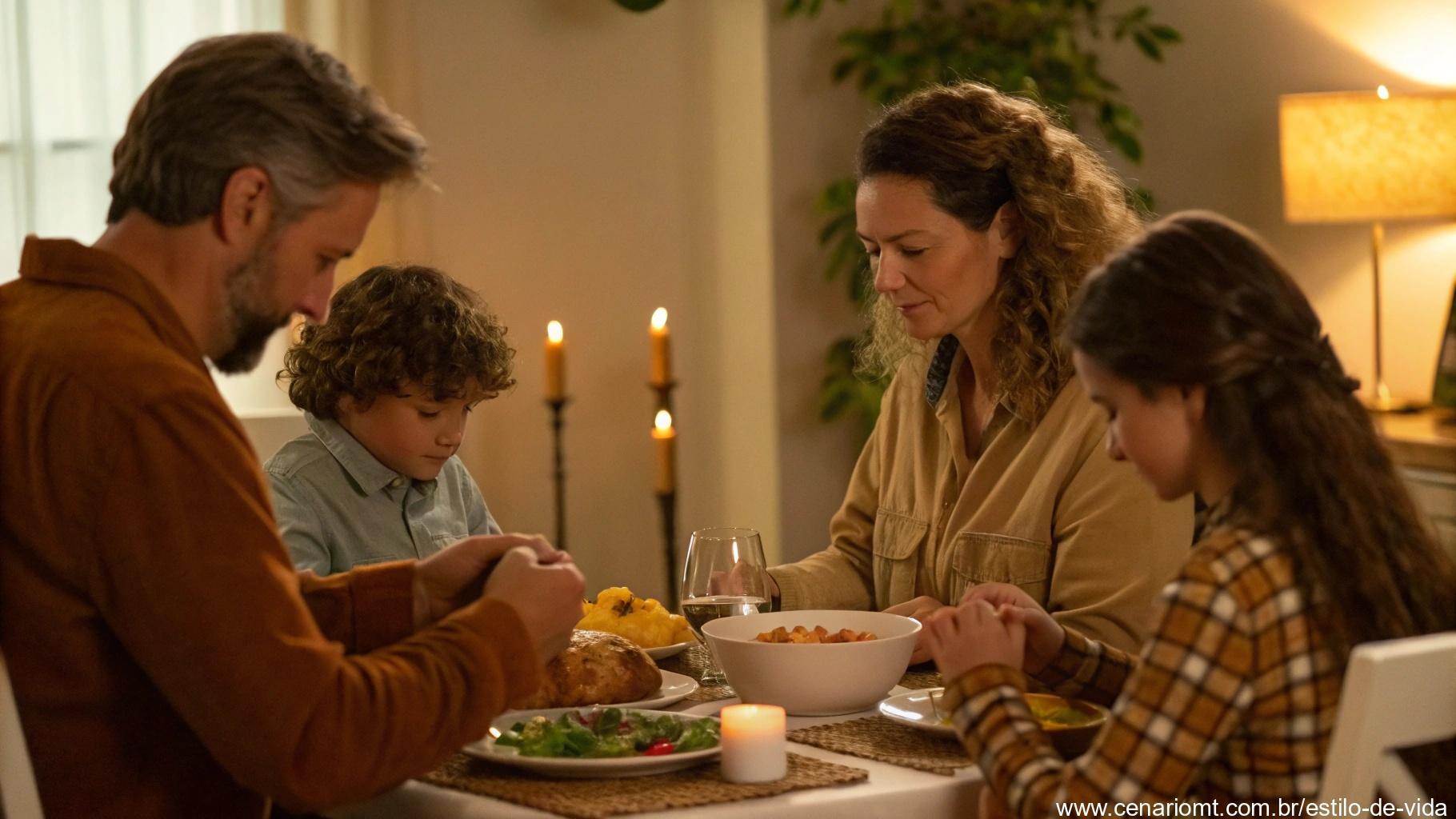 Família cristã reunida ao redor da mesa de jantar, de mãos dadas em oração, com uma atmosfera acolhedora e cheia de virtude.