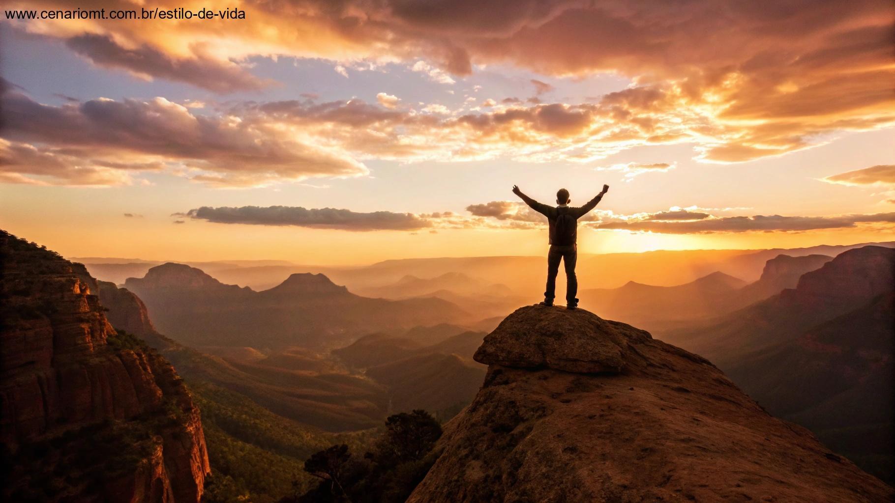 Pessoa no topo de uma montanha ao nascer do sol simbolizando propósito