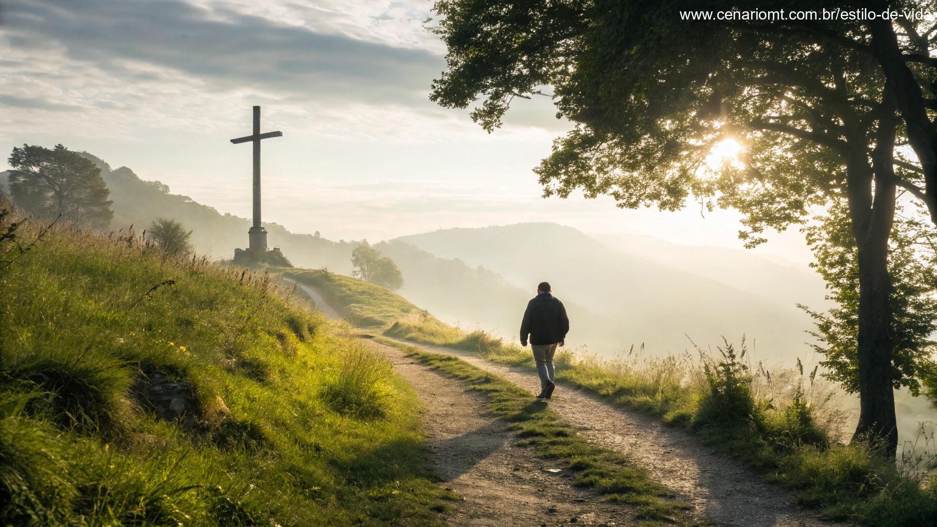Caminho iluminado representando fé cristã com uma cruz ao fundo e figura caminhando com coragem