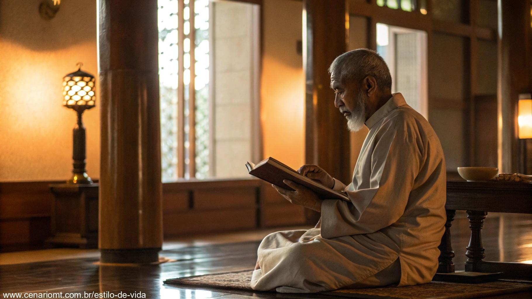 Homem sábio lendo um livro sagrado em um ambiente calmo e iluminado, refletindo sabedoria e discernimento