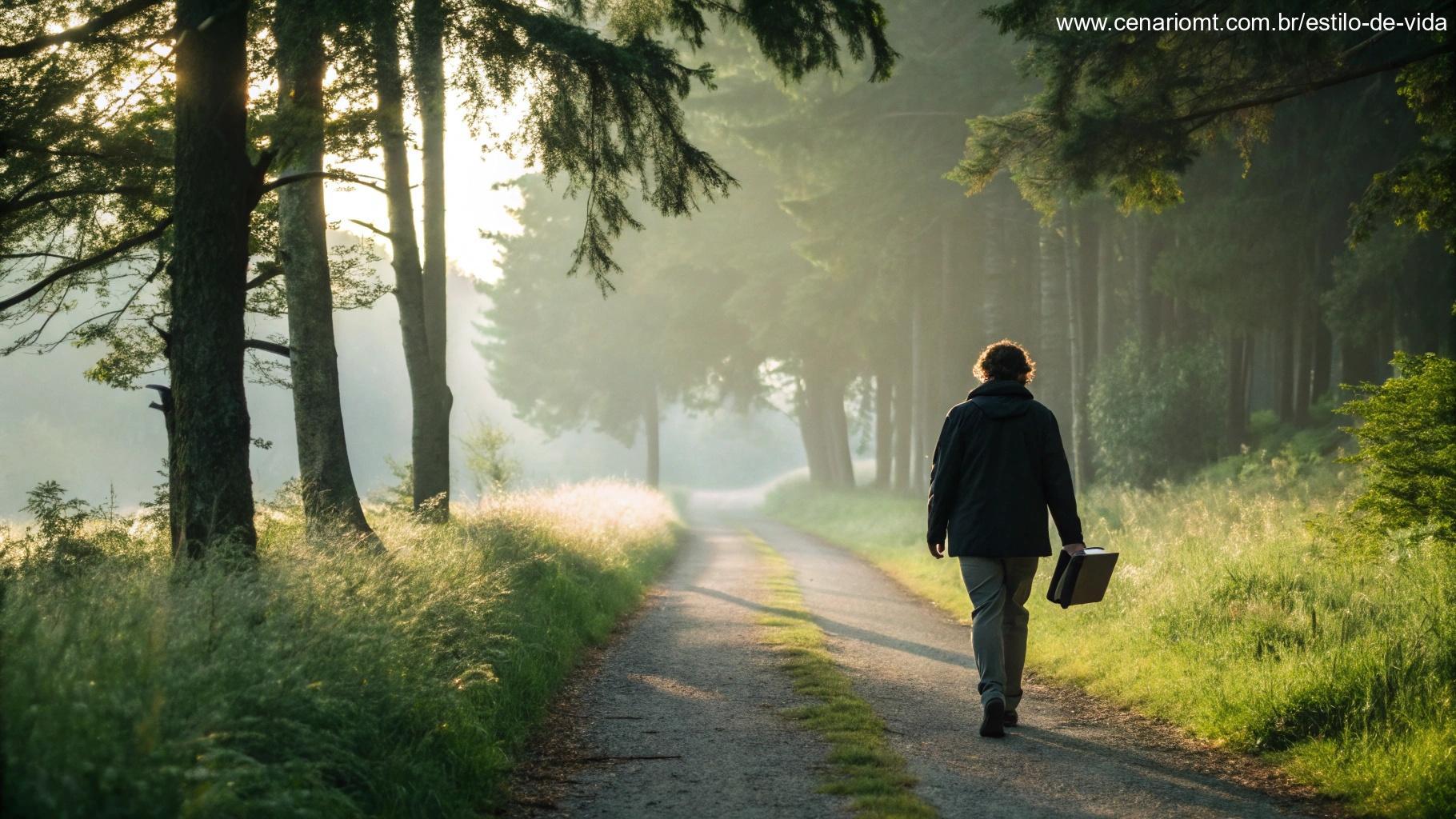 Imagem de uma pessoa caminhando por uma trilha tranquila na natureza com uma Bíblia nas mãos