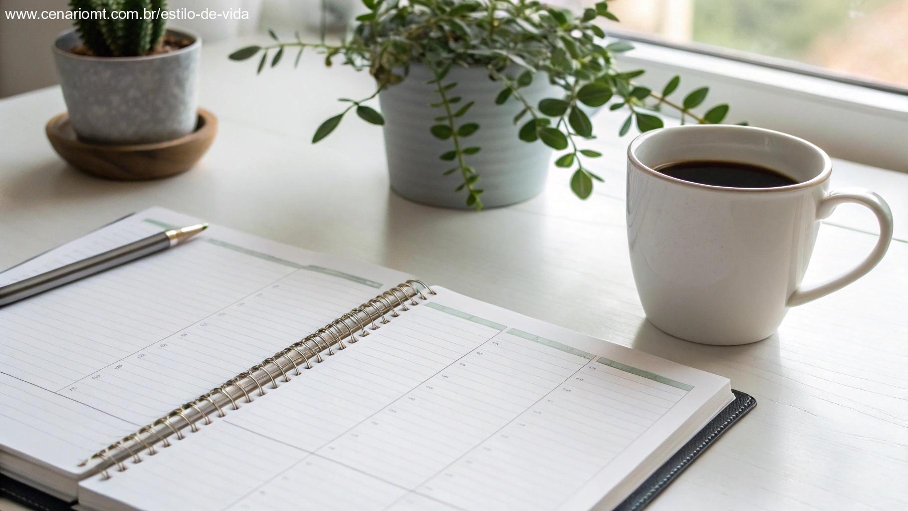 Planner com versículo escrito à mão ao lado de café e planta, mostrando vivência da Palavra