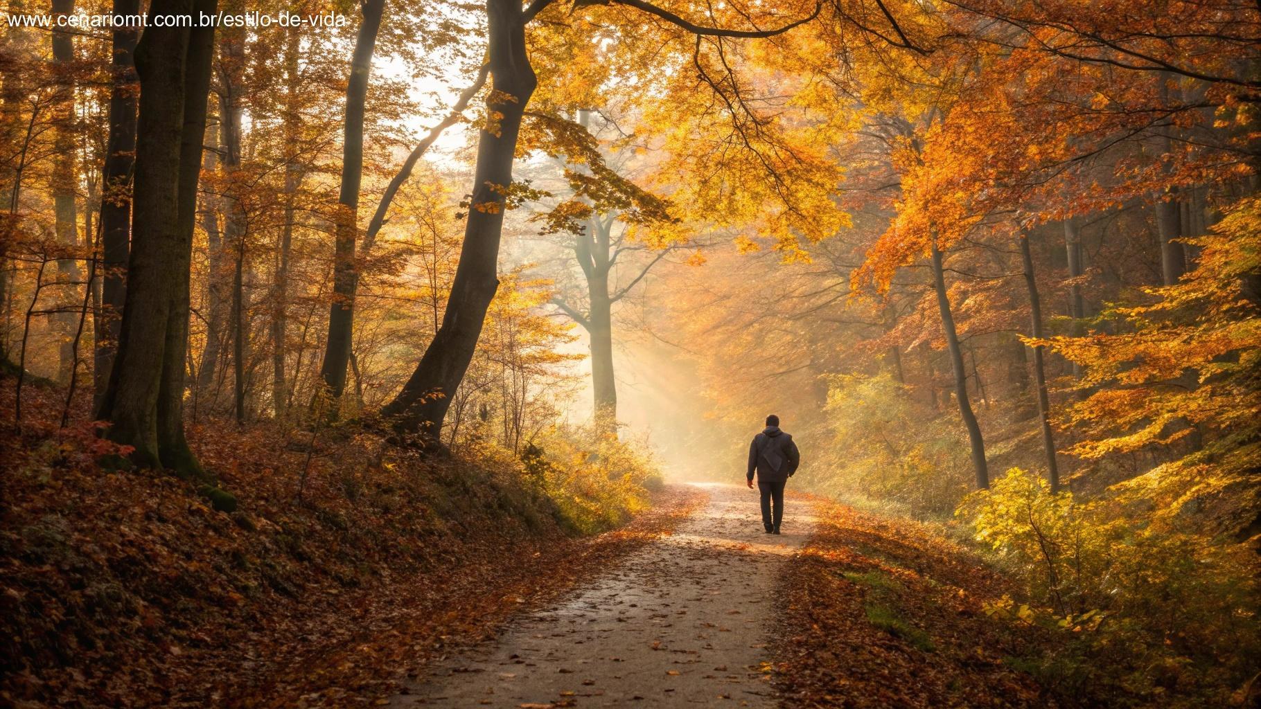Caminho iluminado na floresta com viajante solitário