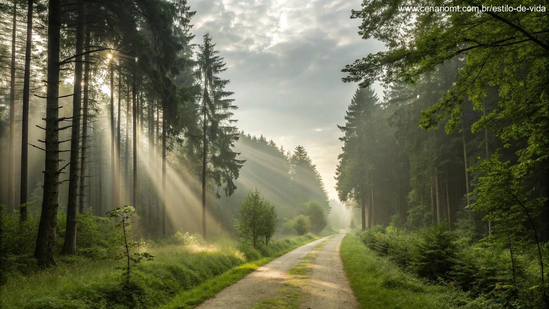 Caminho por uma floresta tranquila, com raios de luz filtrando pelas árvores, simbolizando viver com fé e confiança.
