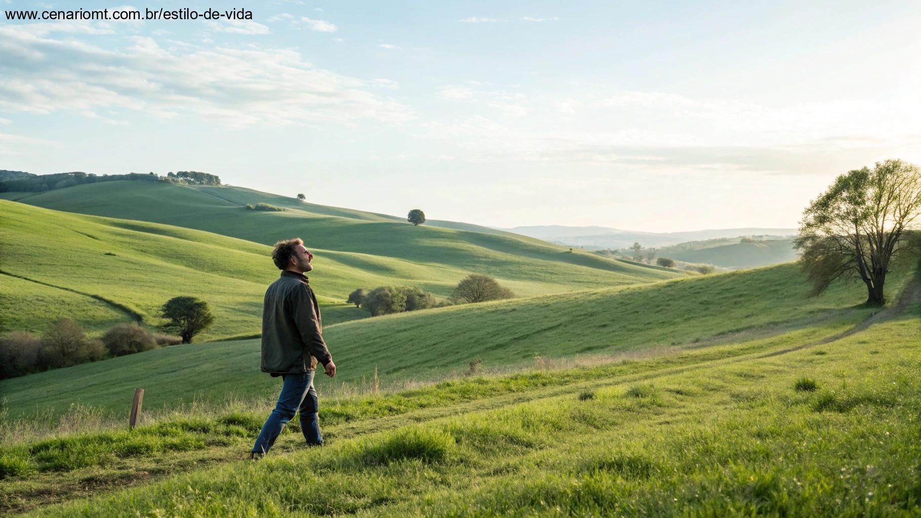 Imagem de um campo tranquilo com uma pessoa caminhando e olhando para o céu, simbolizando viver com fé todos os dias.