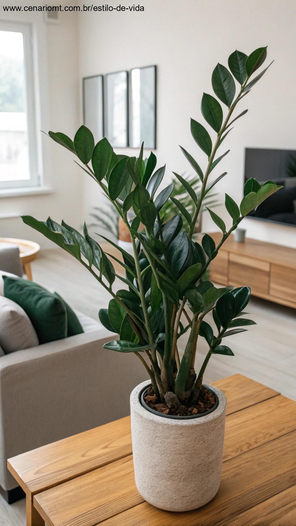 Zamioculca com folhas verdes brilhantes em ambiente moderno