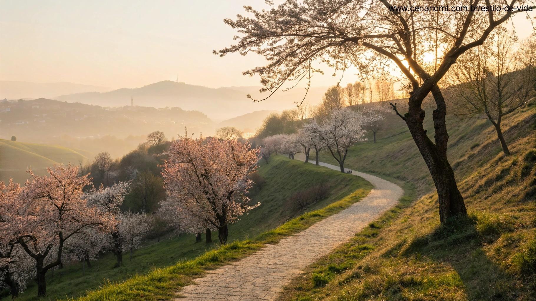 Ambiente tranquilo ao ar livre com luz dourada suave ao amanhecer, um caminho serpenteando por colinas suaves e árvores floridas, evocando inspiração e esperança para um novo sábado