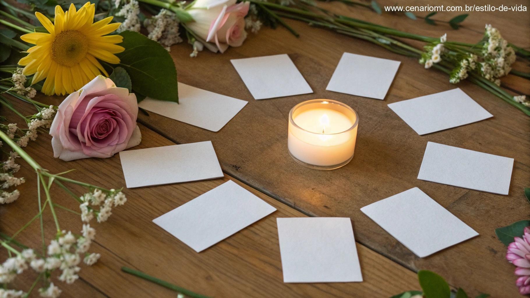 Imagem de dez cartões com mensagens evangélicas dispostos em círculo sobre uma mesa de madeira, cercados por flores e uma vela acesa, simbolizando força espiritual em 13/05/2025