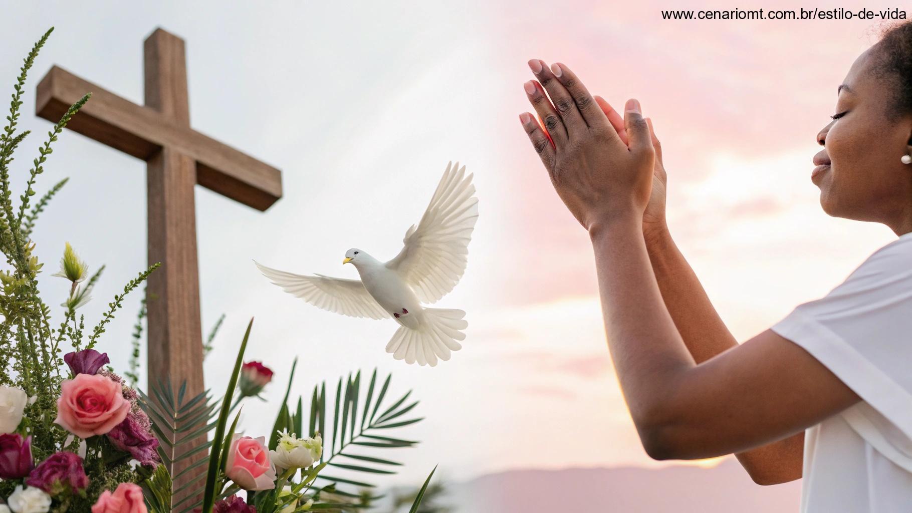 Colagem vibrante com símbolos religiosos como cruz, pomba e mãos em oração sobre um fundo pastel suave, para inspirar um grupo religioso nesta quarta-feira